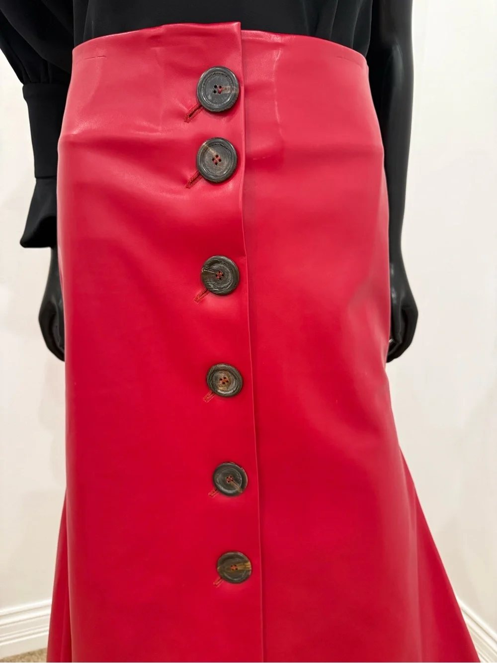 A.W.A.K.E. Red Leather Look Trumpet Button Front Midi Skirt Size 38 NEW